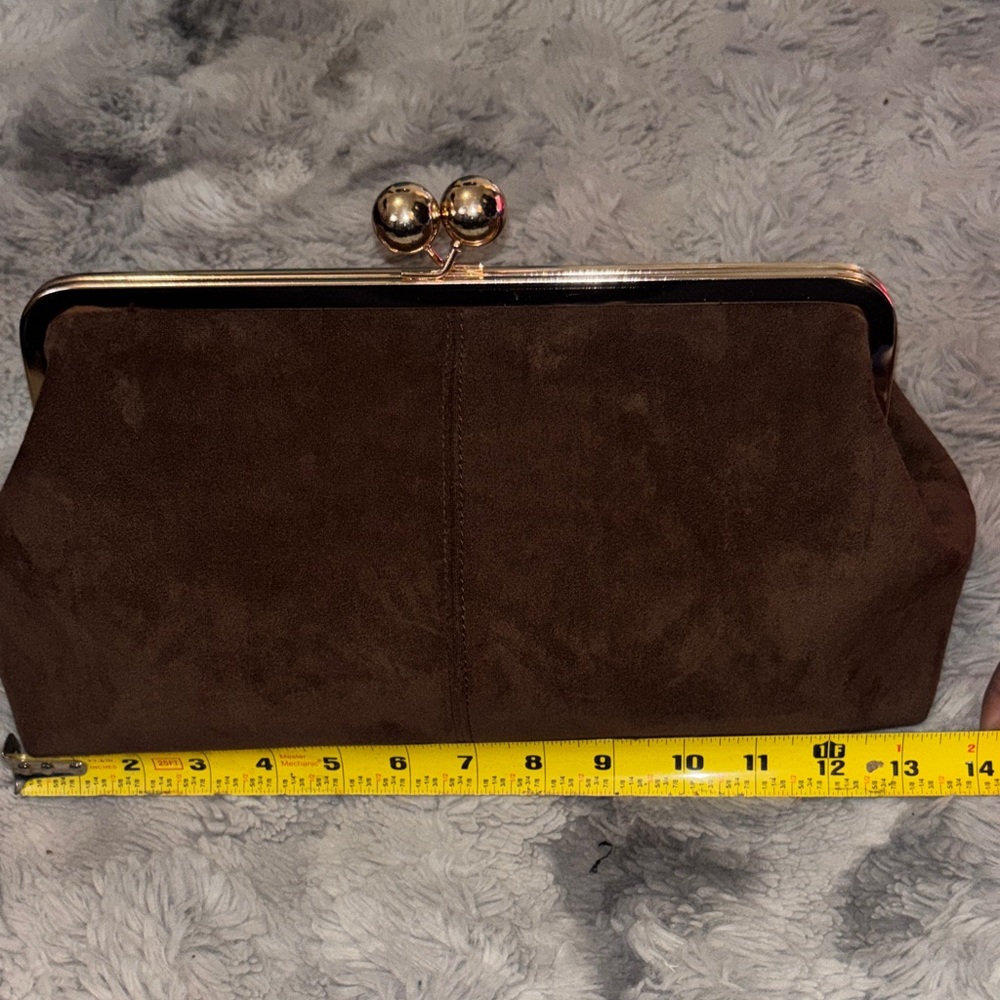 Classic Brown Faux Suede Frame Clutch - Gold Hardware